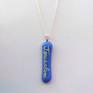 Hand crafted artisan made blue glass Jerusalem handwritten necklace.